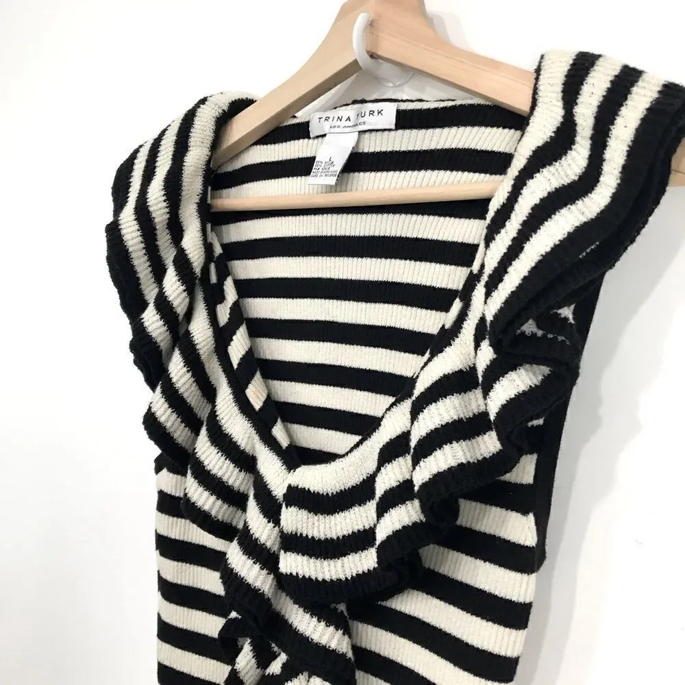 Trina Turk Black White Striped Quill Sleeveless Ruffle Neck Knit Top